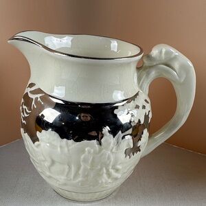 Wedgwood Etruria Barlaston Cream and Silver Ceramic Pitcher Hunting Dog Design